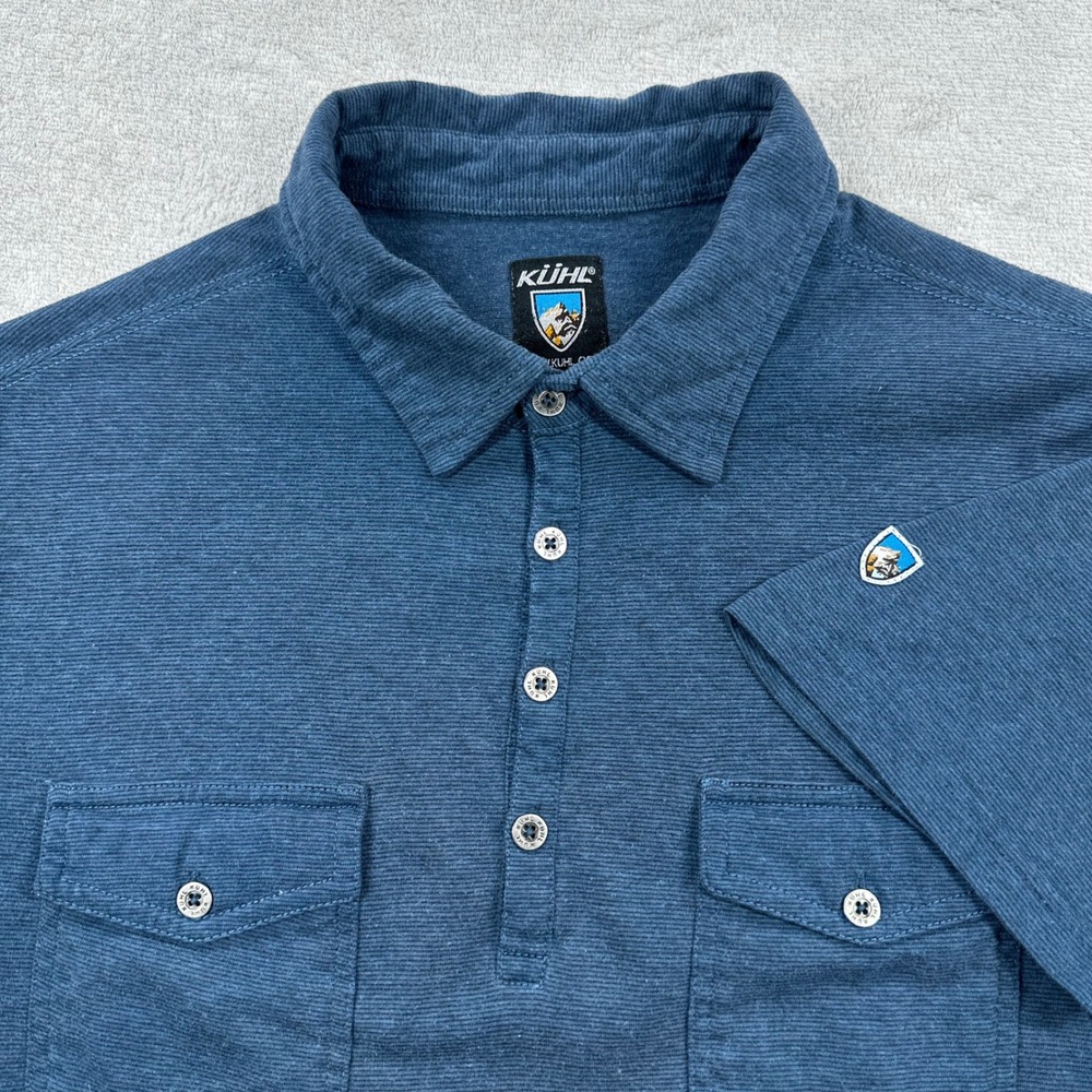 KUHL Polo Shirt Mens Medium Blue Ribbed Short Sleeve Dual Pocket Casual Hiking